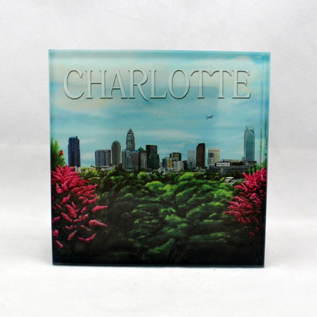 Souvenir Glass Coaster 4"X4" Charlotte Floral Skyline