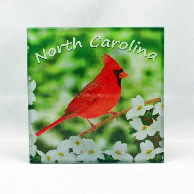Souvenir Glass Coaster 4"X4" North Carolina Cardinal and Dogwood