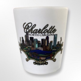 2 Oz. Ceramic White Shot -Charlotte Skyline Ribbon Art 2 Oz. Ceramic White Shot -Charlotte Skyline Ribbon Art