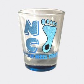 2 Oz. Clear Shot Glass with glitter design - North Carolina Tar Heel Foot 2 Oz. Clear Shot Glass with glitter design - North Carolina Tar Heel Foot
